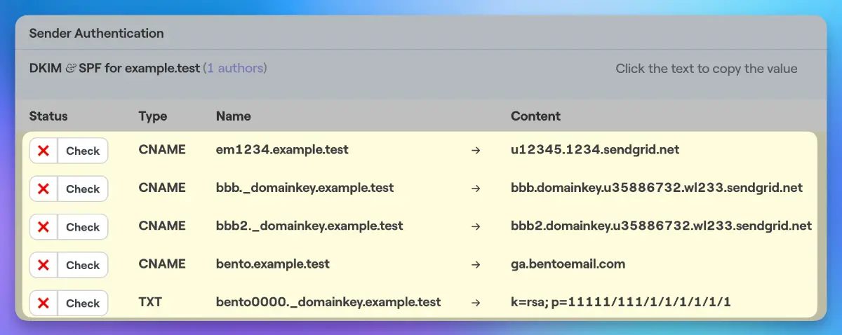 DNS records panel inside Bento