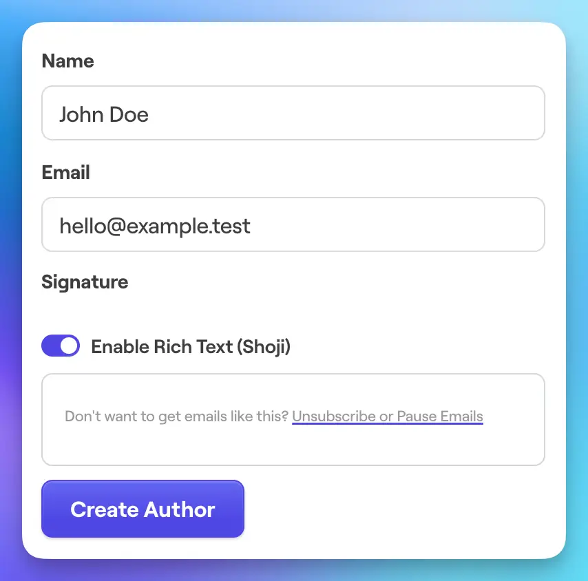 Creating a new email author inside Bento