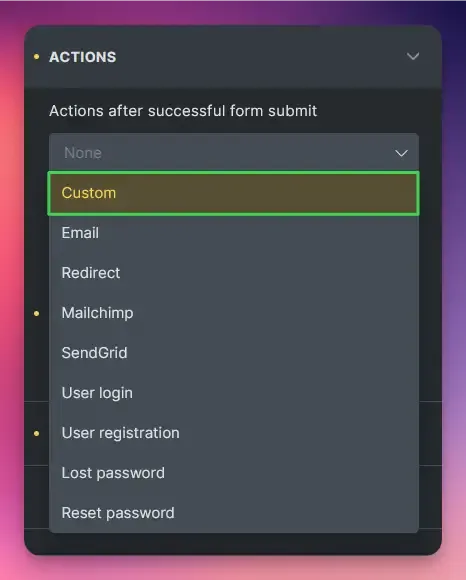Selecting the Custom action