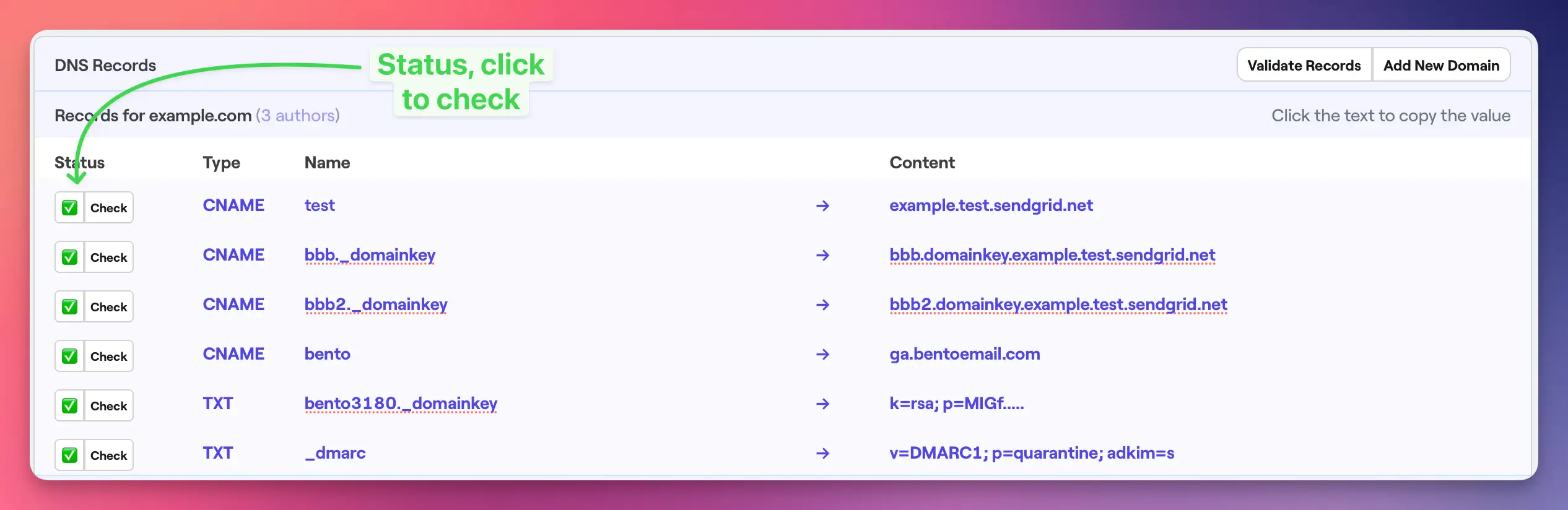 Verified DNS records inside Bento