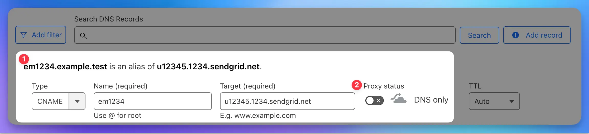 Cloudflare DNS entry showing a CNAME record
