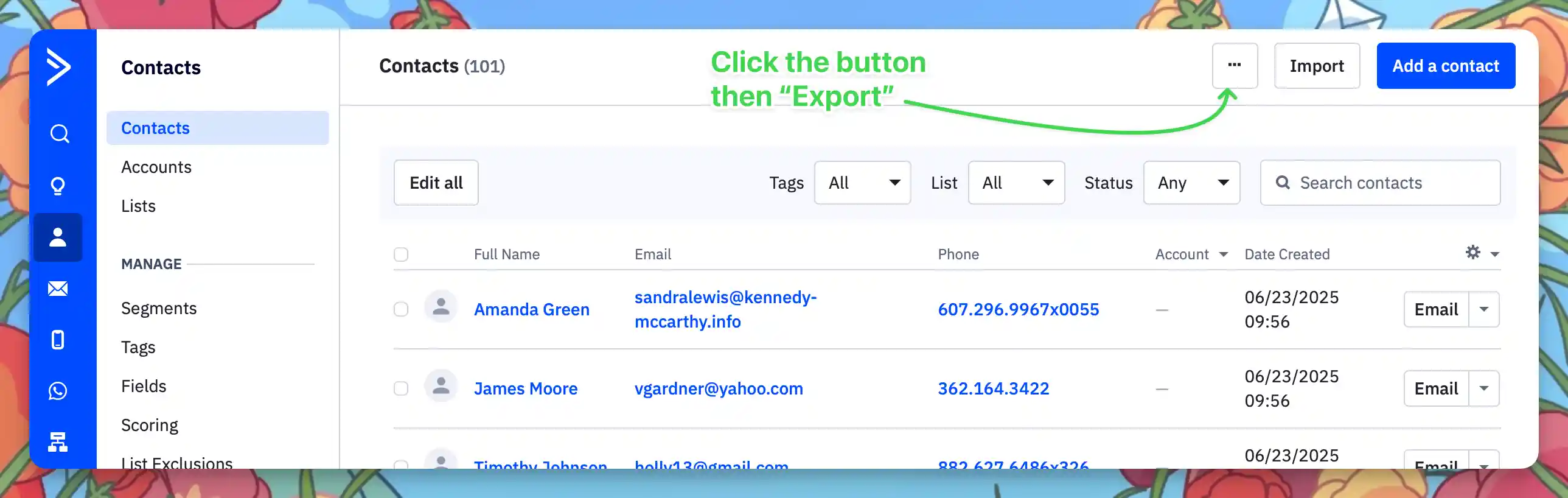 ActiveCampaign contacts dashboard highlighting the export menu