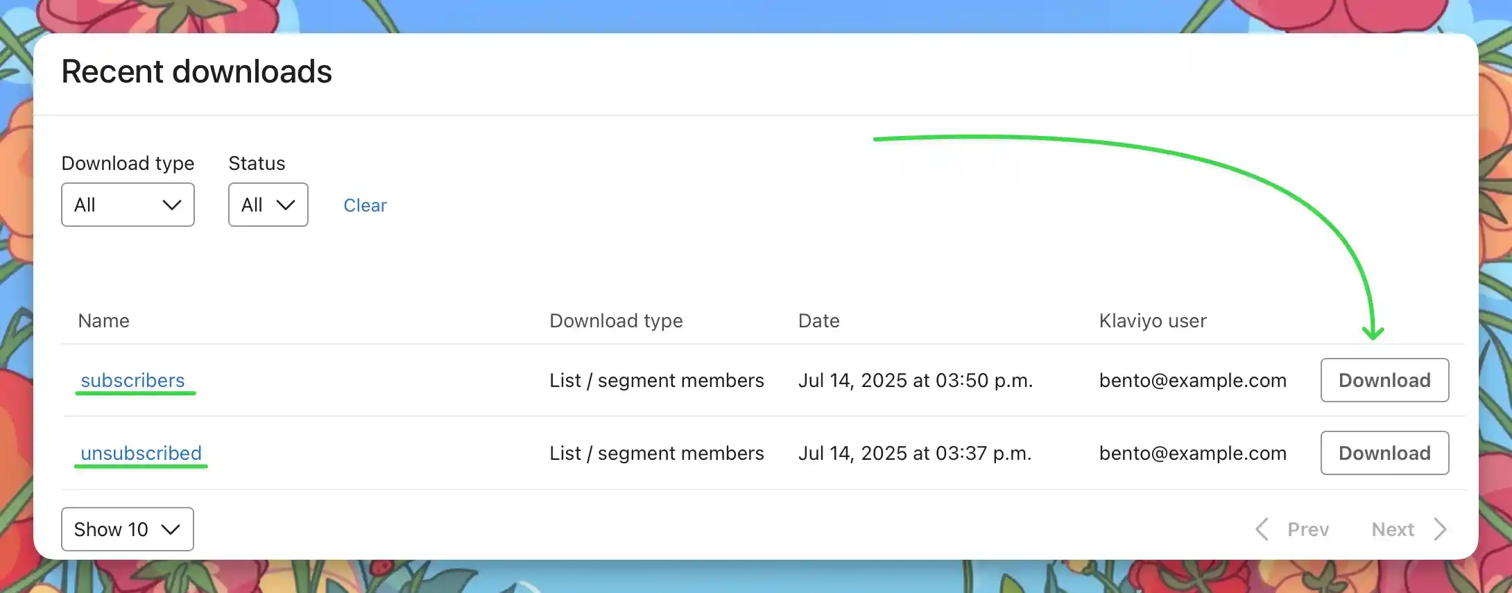Downloading a CSV export