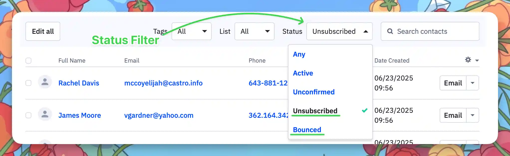 Status filter set to Unsubscribed in ActiveCampaign