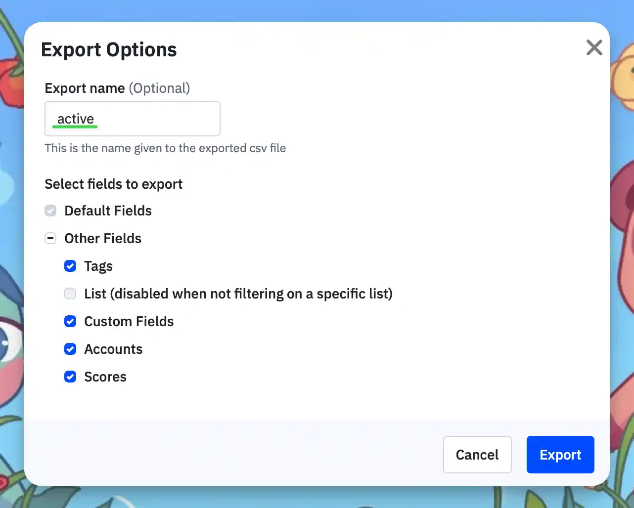Export dialog inside ActiveCampaign contacts