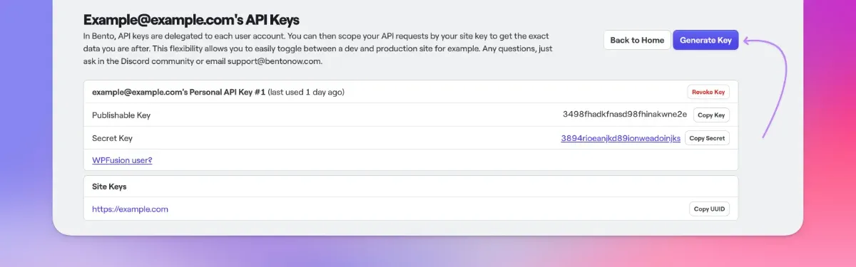 Generating API keys inside Bento