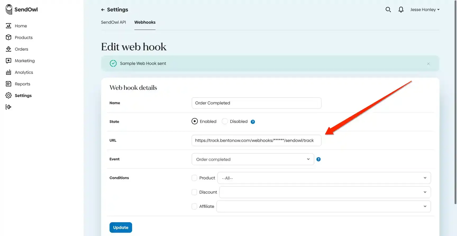 SendOwl webhook configuration