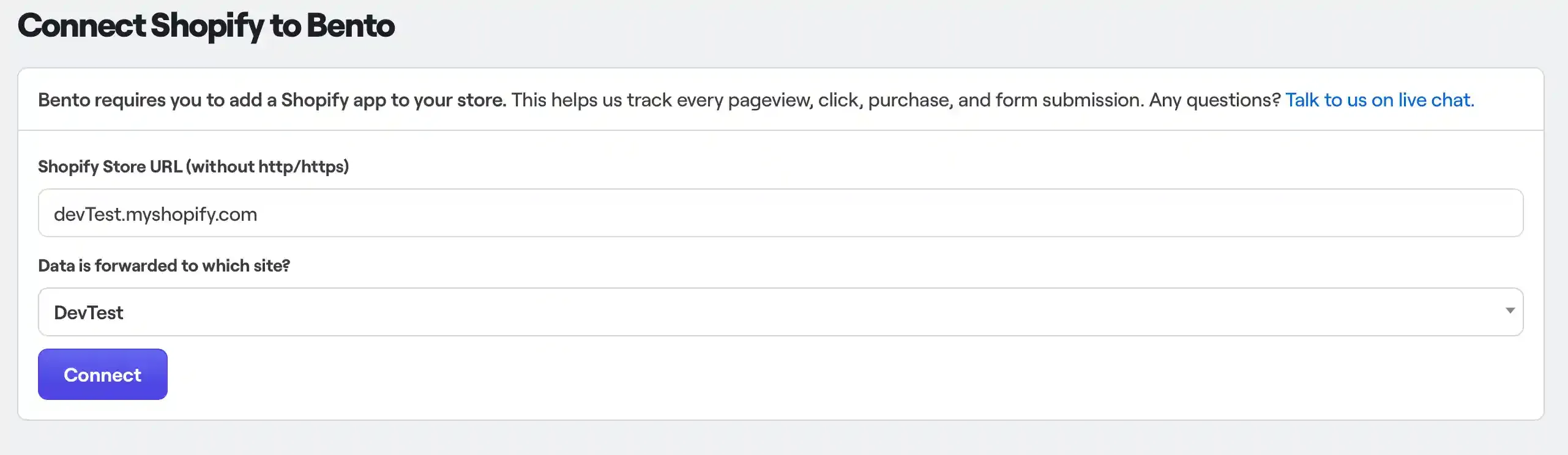 Shopify connection form