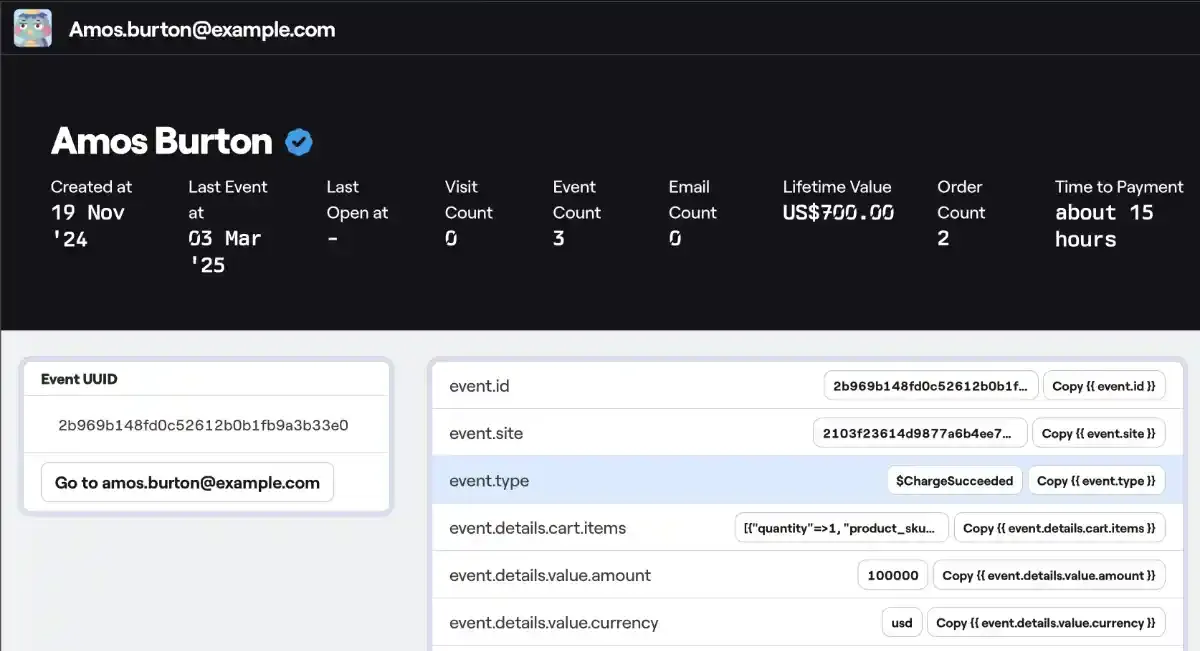 Sample Stripe event stored in Bento
